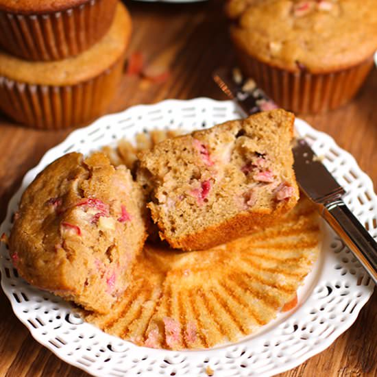 Strawberry Rhubarb Wheat Muffins - Recipe photo by suebeehomemaker