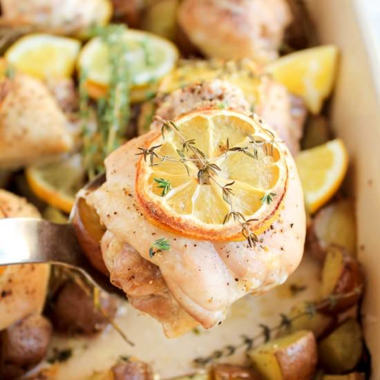 One Pan Lemon Thyme Roasted Chicken - Recipe photo by katiebirdbakes