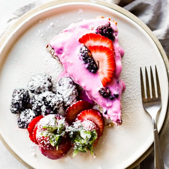 Berry Yogurt Frosted Flourless Cake - Recipe photo by Cotter Crunch