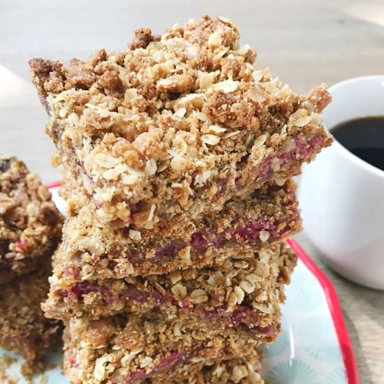 Gluten-Free Raspberry Oatmeal Bars - Recipe photo by kitchengonerogue