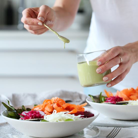 Rainbow Bowls & Tahini Dressing - Recipe photo by begoodorganics