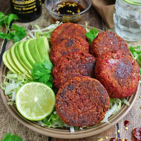 Teriyaki Chickpea Beet Burgers - Recipe photo by SavorySpin