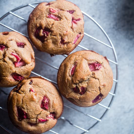 Skinny Strawberry Rhubarb Muffins - Recipe photo by foodfaithfitness