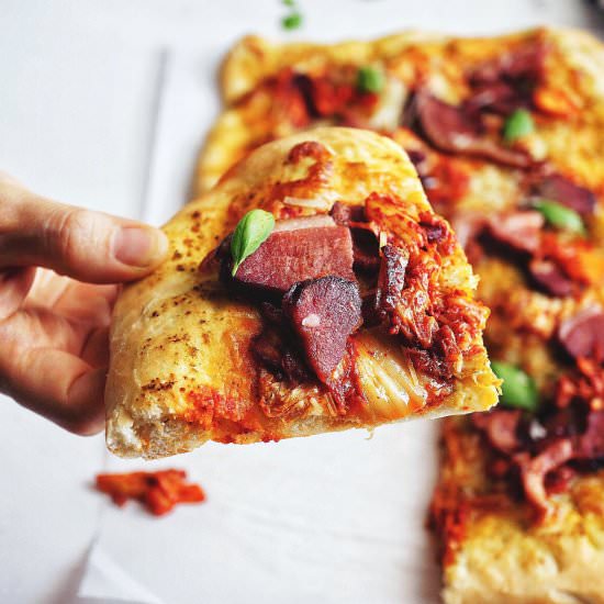 Roast Duck and Kimchi Pizza - Recipe photo by misshangrypants