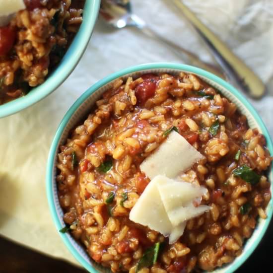 Italian Sausage & Tomato Risotto - Recipe photo by Sneaky Mommies