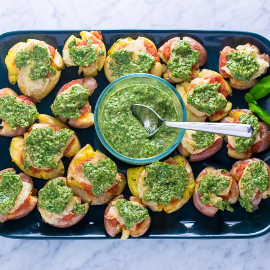 Pesto Smashed Potato Pizzas - Recipe photo by thecuriouschickpea