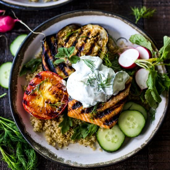 Grilled Salmon Tzatziki Bowl - Recipe photo by Feasting at Home