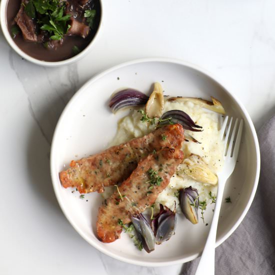 Sausages & Mash with Red Wine Gravy - Recipe photo by KetoDietApp