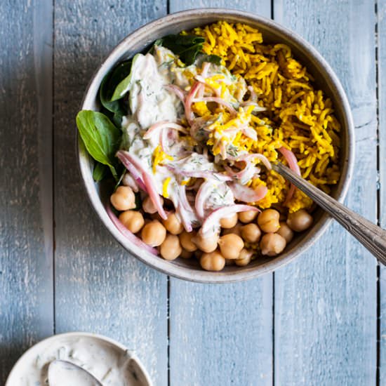 Turmeric Rice & Chickpea Bowls - Recipe photo by thefullhelping