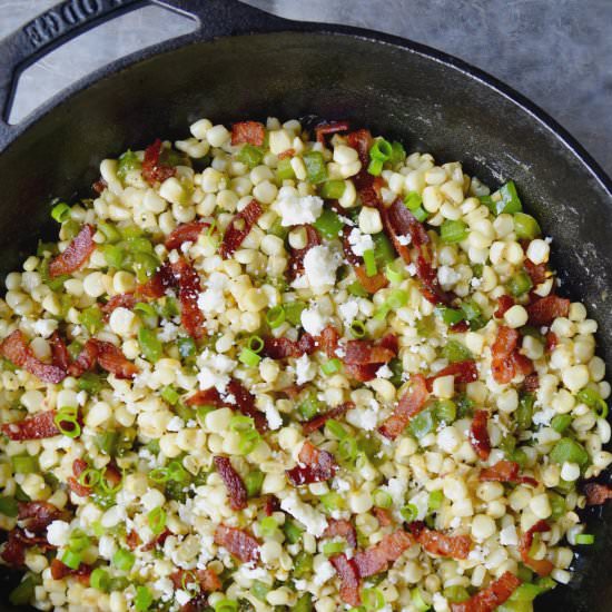 Garlicky Skillet Corn with Bacon - Recipe photo by justataste