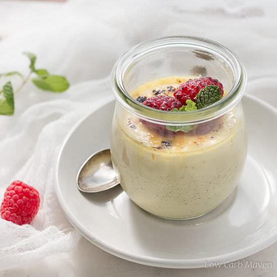 Champagne Raspberry Creme Brulee - Recipe photo by lowcarbmaven