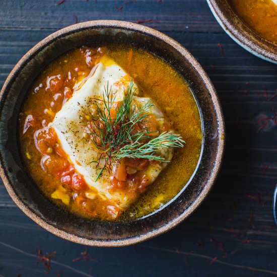 Saffron Broth Poached Sea Bass - Recipe photo by atastymess