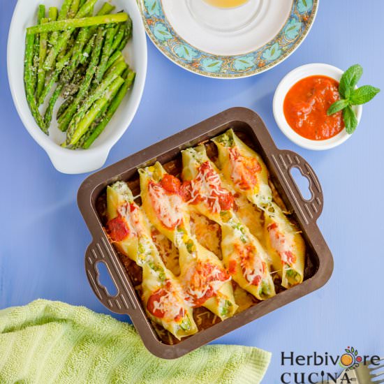 Peas Asparagus Stuffed Jumbo Shells - Recipe photo by Herbivore Cucina