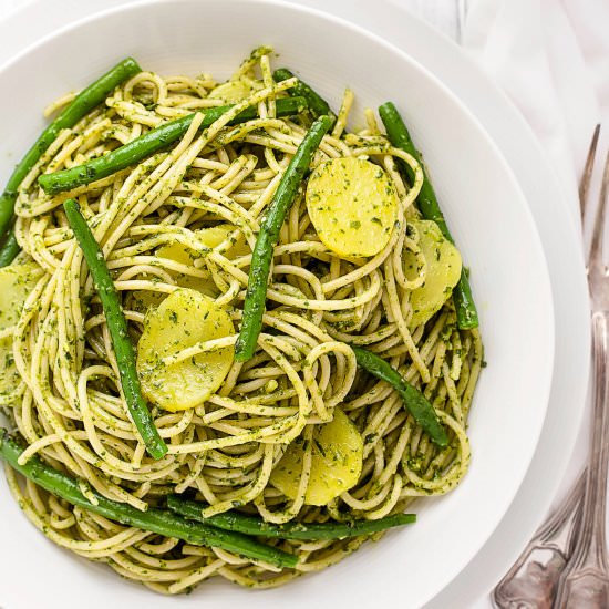 Pasta with Pesto, Beans, and Potato - Recipe photo by Foodtasia