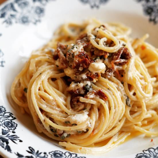 Spaghetti with Feta, Tomato & Sage - Recipe photo by I am Cooking with Love