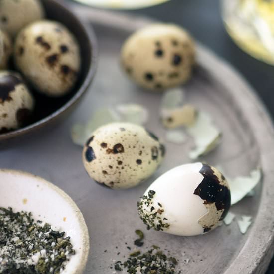 Quail Eggs + Oolong Tea Salt - Recipe photo by Belly Rumbles