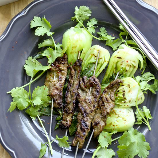 Ginger Beef Satay with Bok Choy - Recipe photo by Flourishen