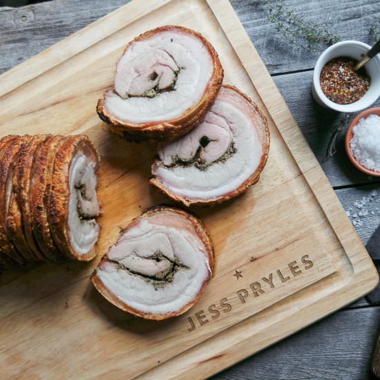 Crispy Pork Belly Porchetta - Recipe photo by Jess Pryles