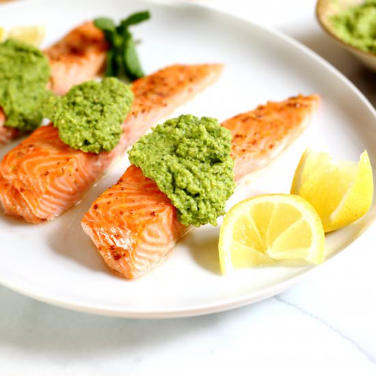 Maple Roasted Salmon with Pea Pesto - Recipe photo by FromScratchFast