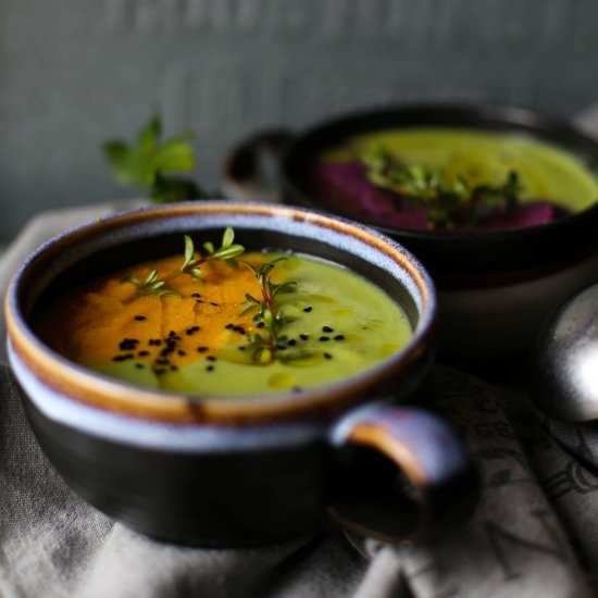 carrot and pea veloutes in one bowl - Recipe photo by lemonsandmore