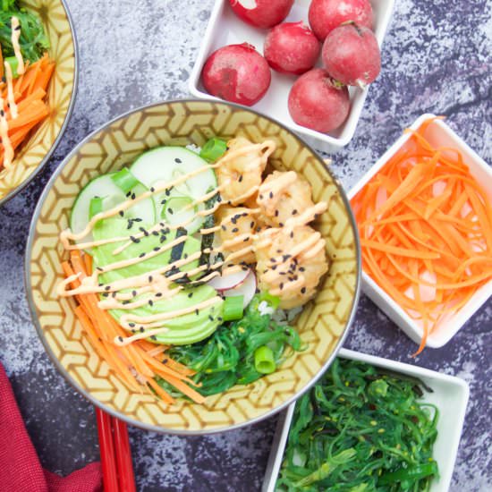 Spicy Shrimp Poke Bowls - Recipe photo by tiffanybendayan