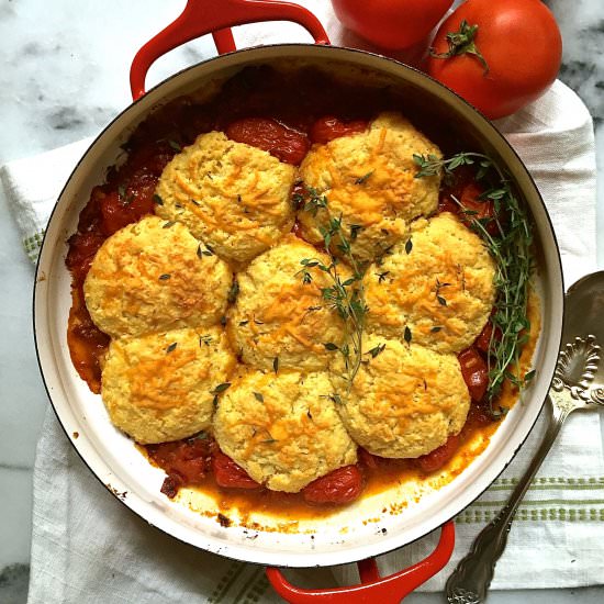 Tomato Cobbler w/ Cornmeal Biscuits - Recipe photo by Grits and Pinecones