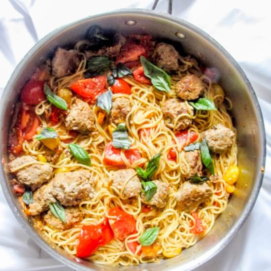 Cherry Tomato and Meatball Pasta - Recipe photo by percolatekitchen