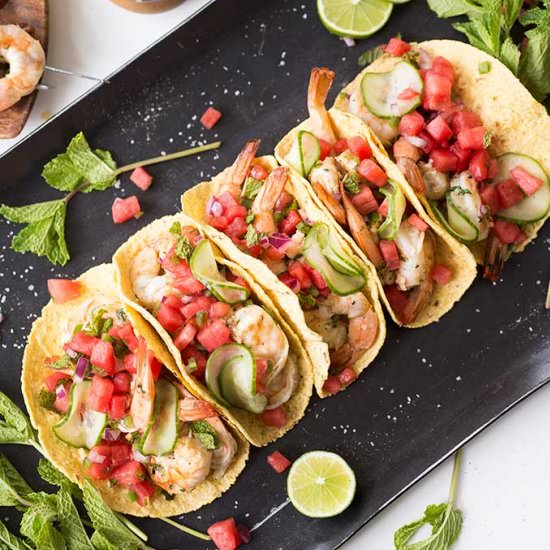 Shrimp Tacos with Watermelon Salsa - Recipe photo by Kiwi and Carrot
