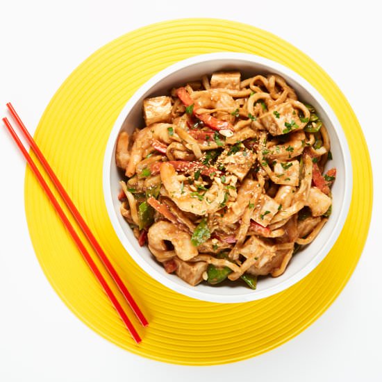 SHRIMP & TOFU PEANUT BUTTER NOODLES - Recipe photo by BiteMeMore