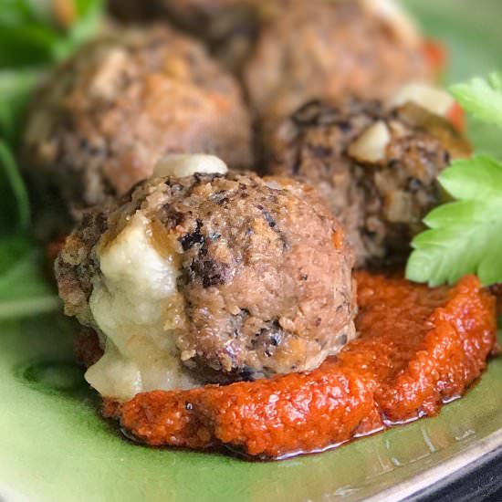 Manchego Meatballs w/ Romesco - Recipe photo by theyumyumfactor