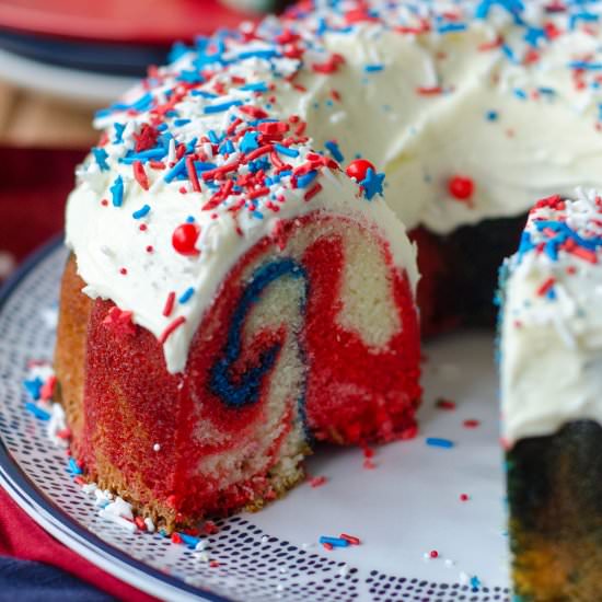 red, white, & blue swirl bundt cake - Recipe photo by freshaprilflours
