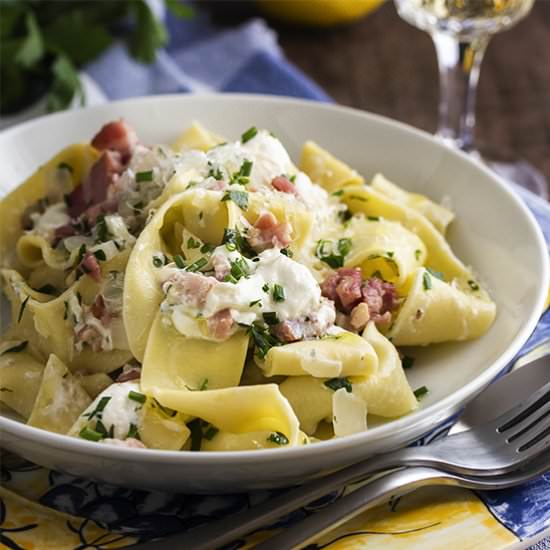 Pasta with Pancetta and Burrata - Recipe photo by justalittlebitofbacon