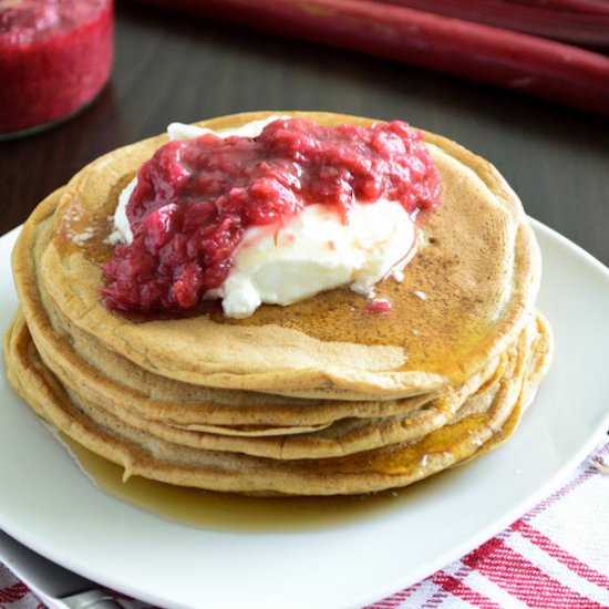 Flax Pancakes with Stewed Rhubarb - Recipe photo by shebakeshere