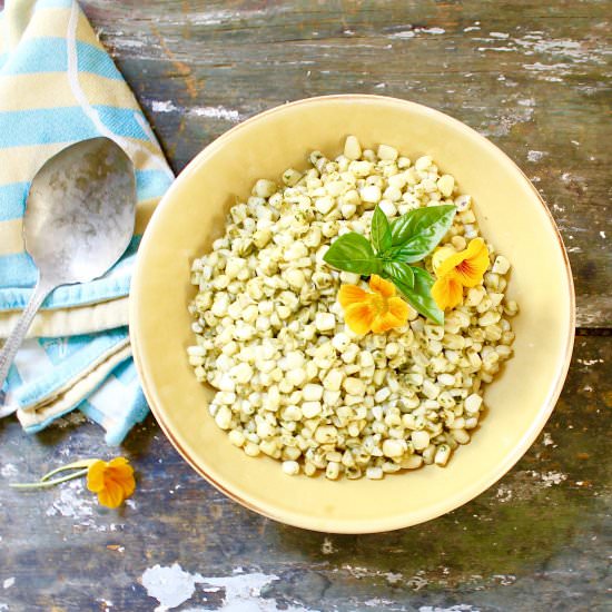 Basil Pesto Corn - Recipe photo by the good eats co