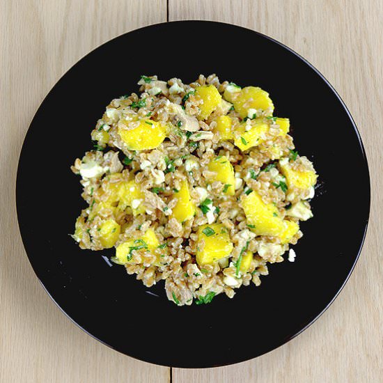Farro Salad with Mango, Chicken, & Feta - Recipe photo by agourmetfoodblog