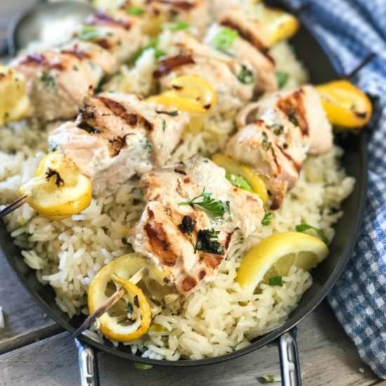 Salmon Kabobs with Lemon Rice - Recipe photo by laughingspatula.com
