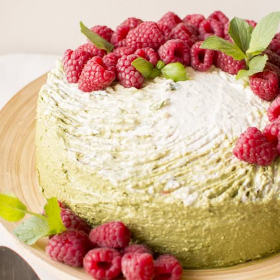 Matcha Coconut Cake with Raspberries - Recipe photo by Flymetothespoon