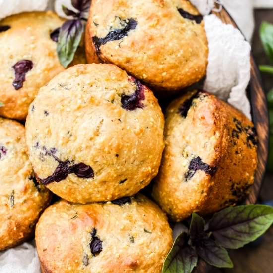 Blueberry Basil Cornmeal Muffins - Recipe photo by Recipe Runner