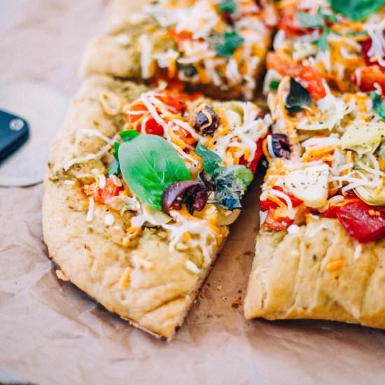 Mediterranean Pesto Palm Pizza - Recipe photo by katerinaseigel