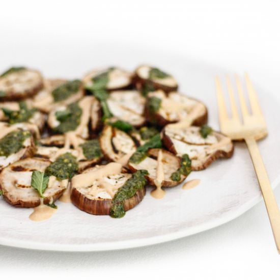 Grilled eggplant with spicy tahini - Recipe photo by alittlegathering