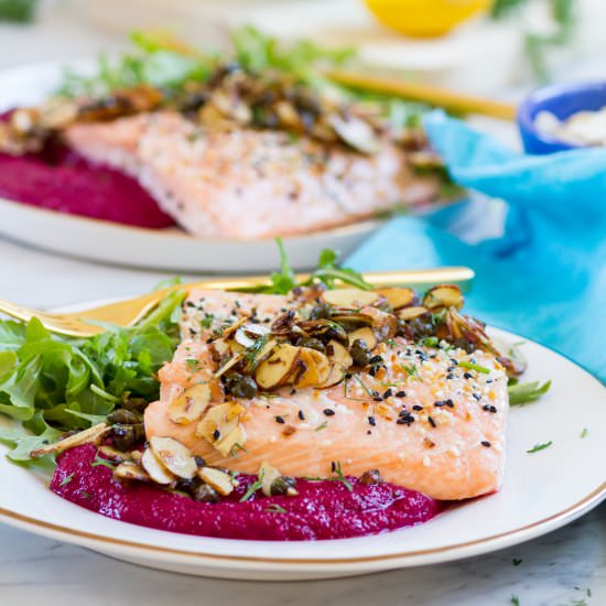 Lemon Caper Almond Salmon Over Beet - Recipe photo by WhatJewWannaEat