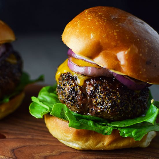 Pepper Crusted Blue Cheese Burgers - Recipe photo by Kitchen Swagger