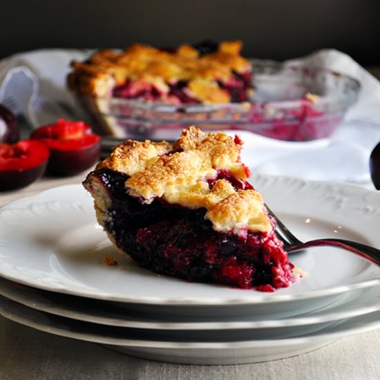 Triple Berry Plum Pie - Recipe photo by BatterandDough