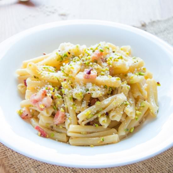 Casarecce w/ Pancetta & Pistachios - Recipe photo by ItalianRecipeBook