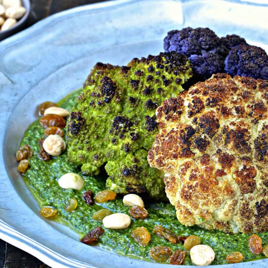 Whole Roasted Cauliflower w/ Pesto - Recipe photo by The Foodie Physician