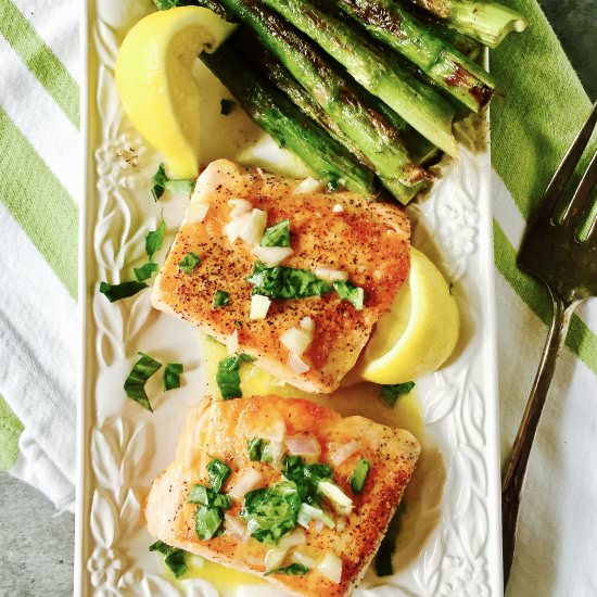 Pan Seared Salmon with Asparagus - Recipe photo by Grits and Pinecones