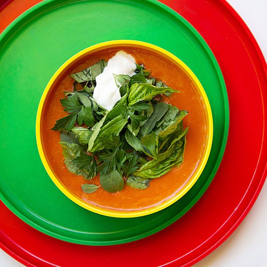 Herb-Topped Red Bell Pepper Soup - Recipe photo by SippitySup