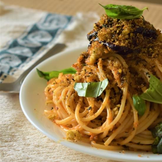 Spaghetti with Baked Eggplant - Recipe photo by The Hungry Merchant