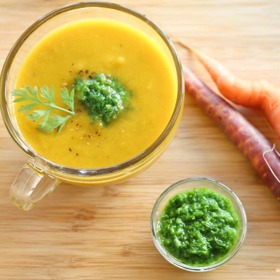 Carrot and Leek soup with pesto - Recipe photo by MyWeekendKitchen