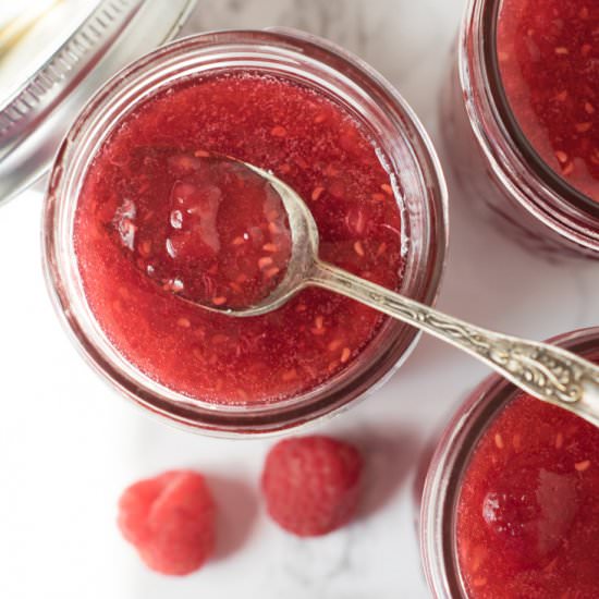 Red Raspberry Freezer Jam - Recipe photo by theteatimebaker